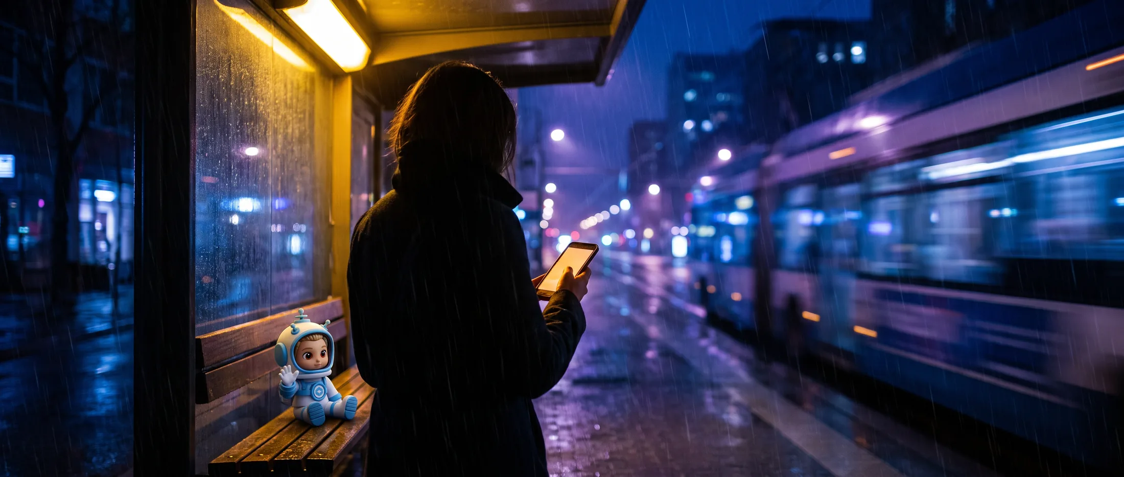Sam on a tram stop bench beside a guest looking at their phone in the evening