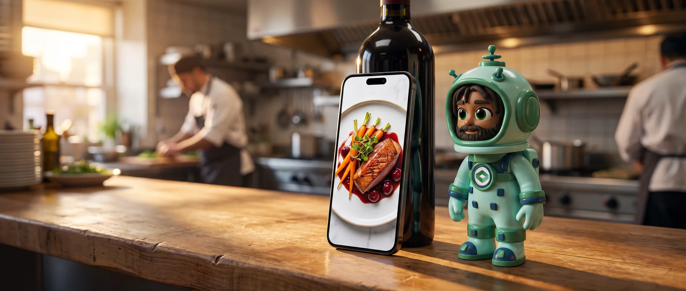 Wes beside a phone propped against a wine bottle on the pass, the restaurant site on the screen
