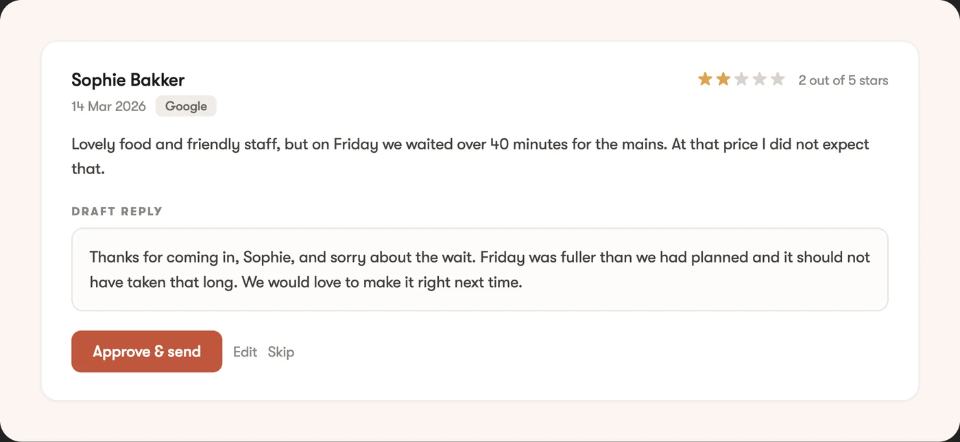 A draft reply with approve, edit and skip