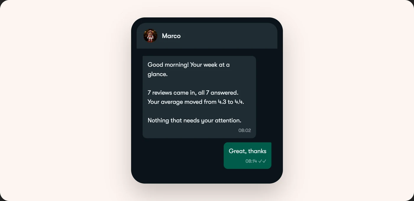 Marco's weekly recap in WhatsApp