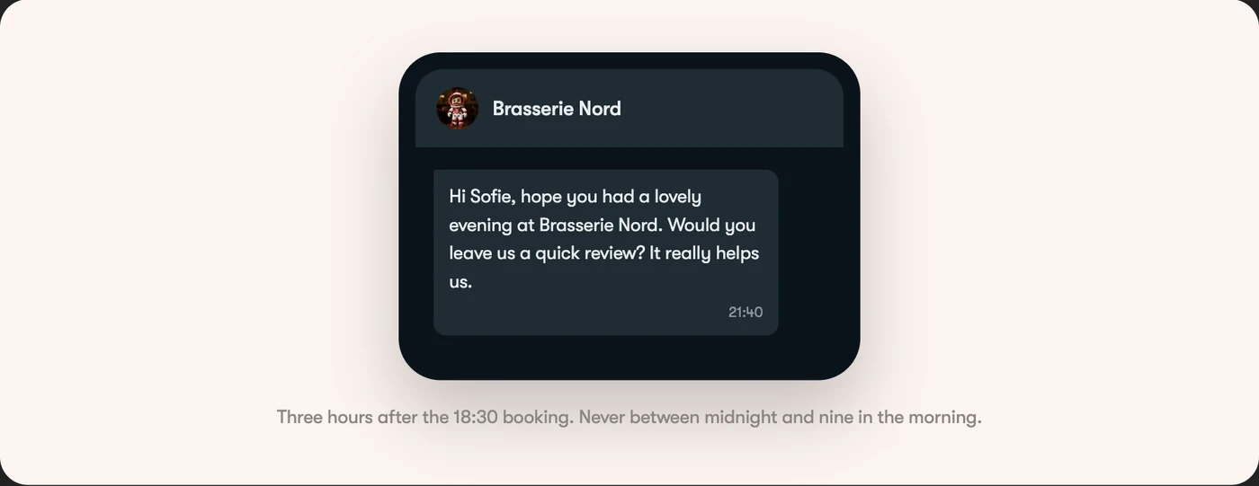 A review request arriving on a guest's phone at 21:40