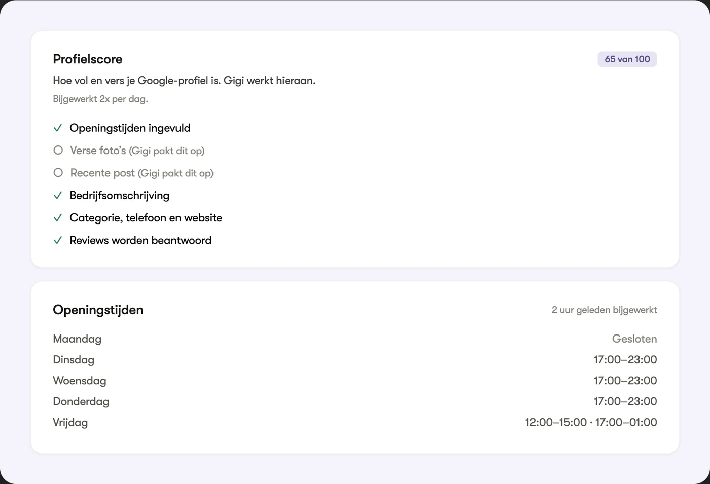 De profielscore met de checklist, en de openingstijden