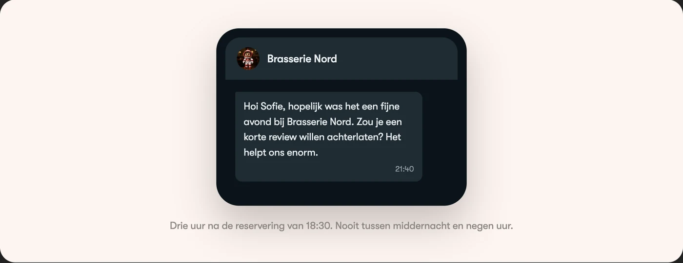 Een review-verzoek dat om 21:40 binnenkomt op de telefoon van een gast